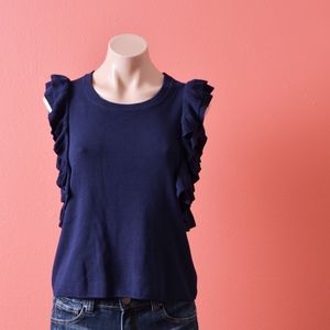 Anthro Knitted & Knotted Constance Navy Ruffle Top